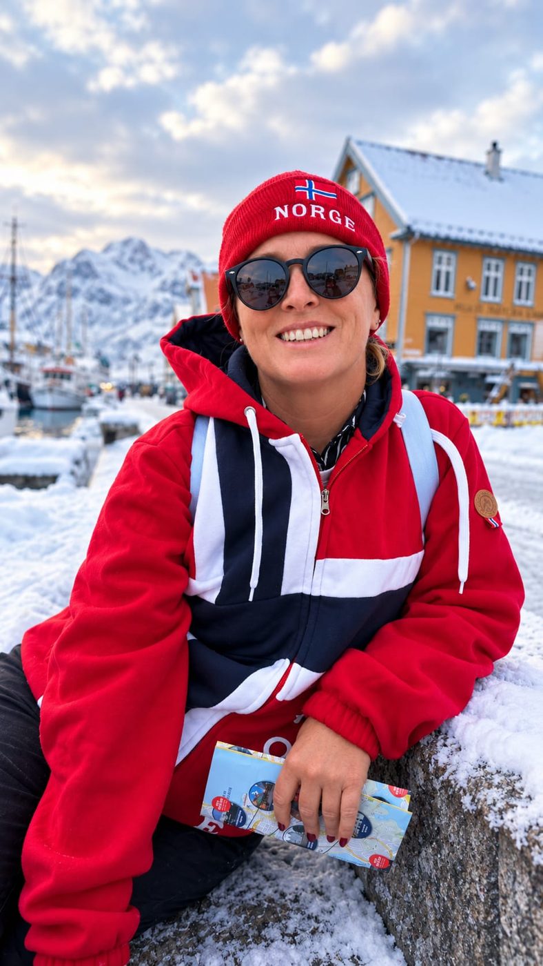 Freya in a red Norway jacket by a snowy harbour
